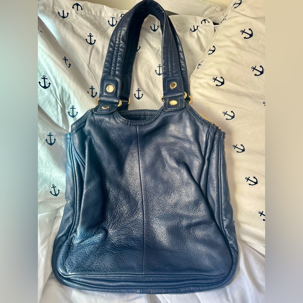 Marc Jacobs Handbag Navy Blue Pebble Leather Totally Turnlock Teri Tote Satchel - Picture 3 of 8